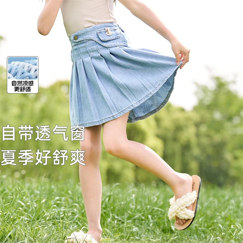 12184029.梦特娇女童2025夏季新品甜美俏皮百褶牛仔裙