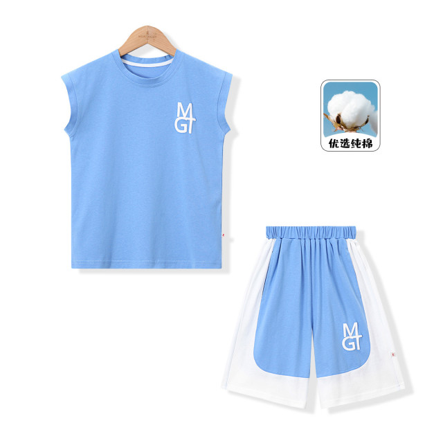 12184053.【纯棉透气运动套装】男童夏季薄款无袖背心短裤中大童休闲两件套