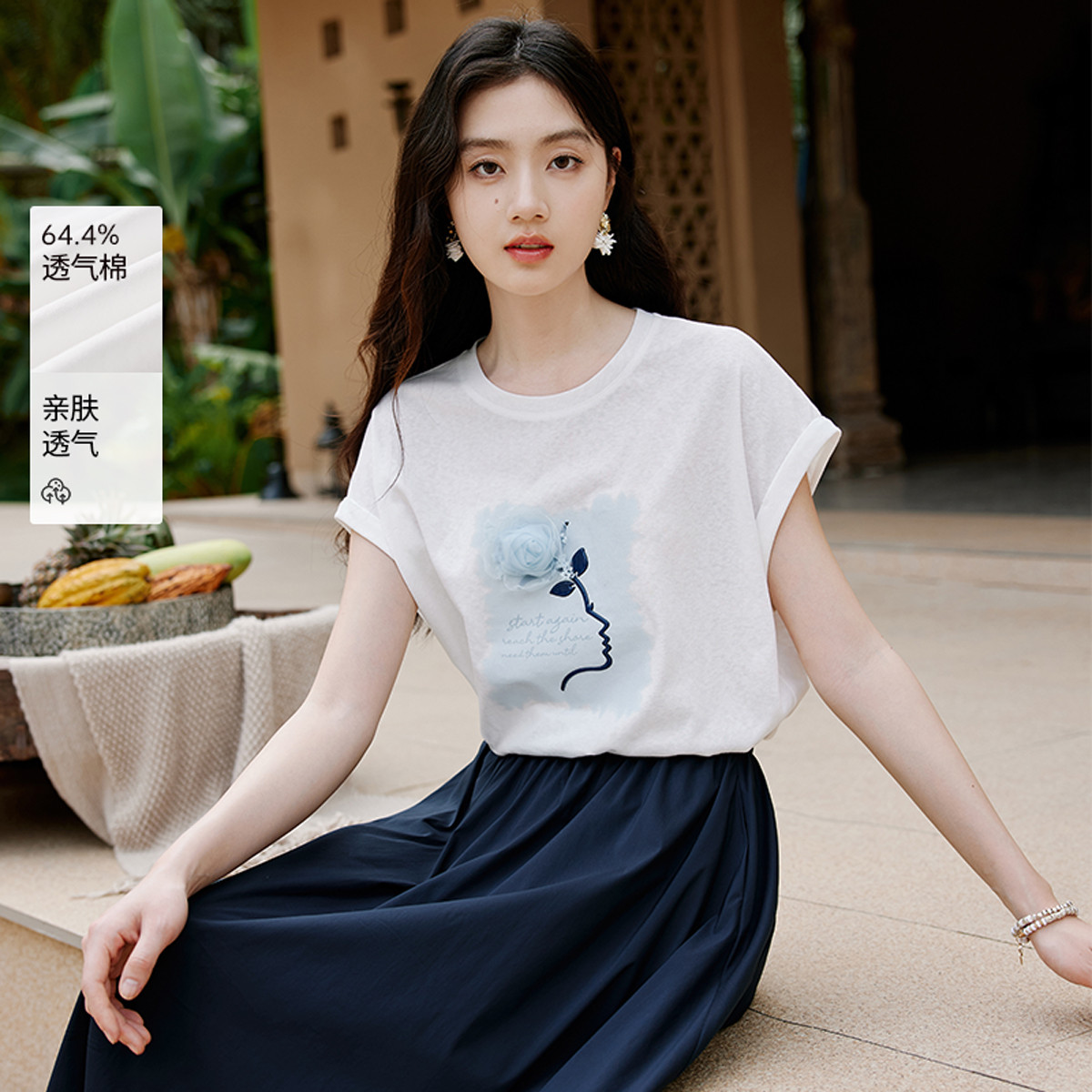 12193489.2025夏装t恤女短袖棉玫瑰立体花朵宽松印花圆领上衣