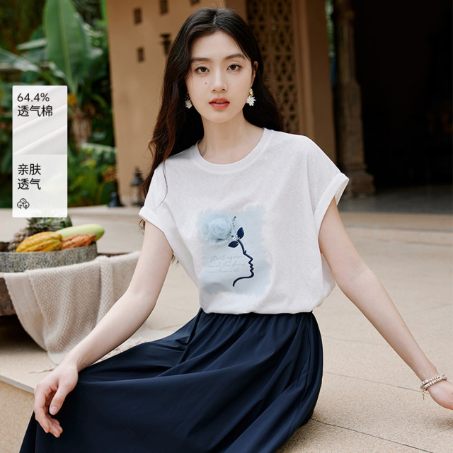 12193489.2025夏装t恤女短袖棉玫瑰立体花朵宽松印花圆领上衣
