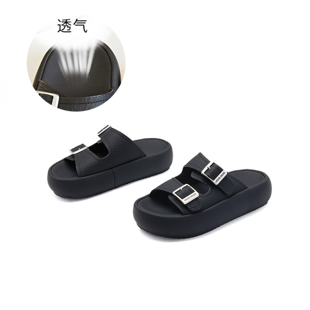 12192490.墨斯本厚底拖鞋女夏季新款百搭休闲时尚露趾一字半拖复古皮带扣凉拖