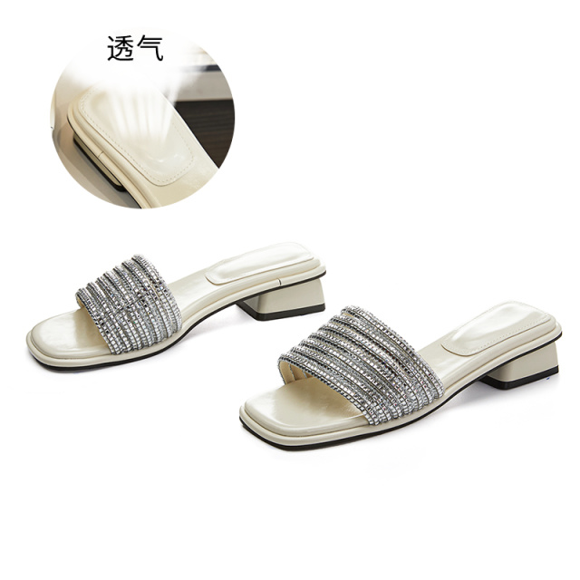 12192496.墨斯本水钻粗跟拖鞋女夏季新款半拖鞋女外穿配裙子休闲时尚百搭凉拖
