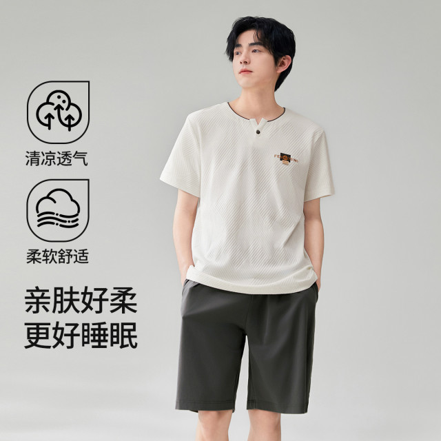 12194736.芬腾【透气爽棉】可外穿夏季薄款舒适圆领微弹短袖家居服套装男睡衣