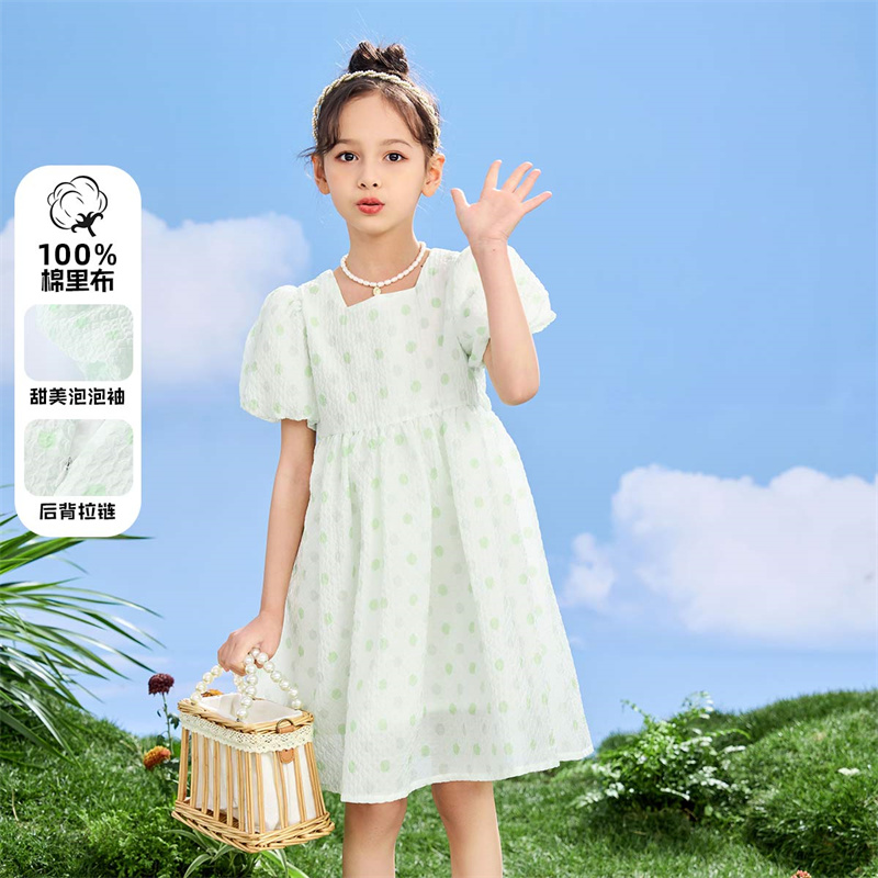 12198856.【精选福利款】压皱透气泡泡棉女童连衣裙法式方领夏季薄款蓬蓬裙