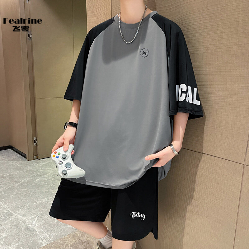 12199349.飞零新款夏季冰丝短袖套装男休闲运动速干t恤套装