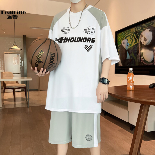 12198476.飞零夏季冰丝高弹速干短袖短裤运动套装