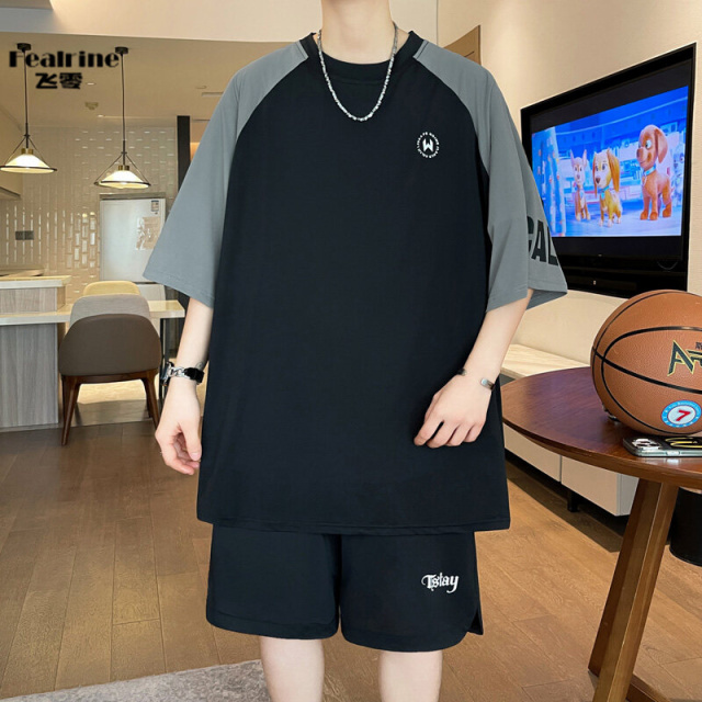 12199349.飞零新款夏季冰丝短袖套装男休闲运动速干t恤套装
