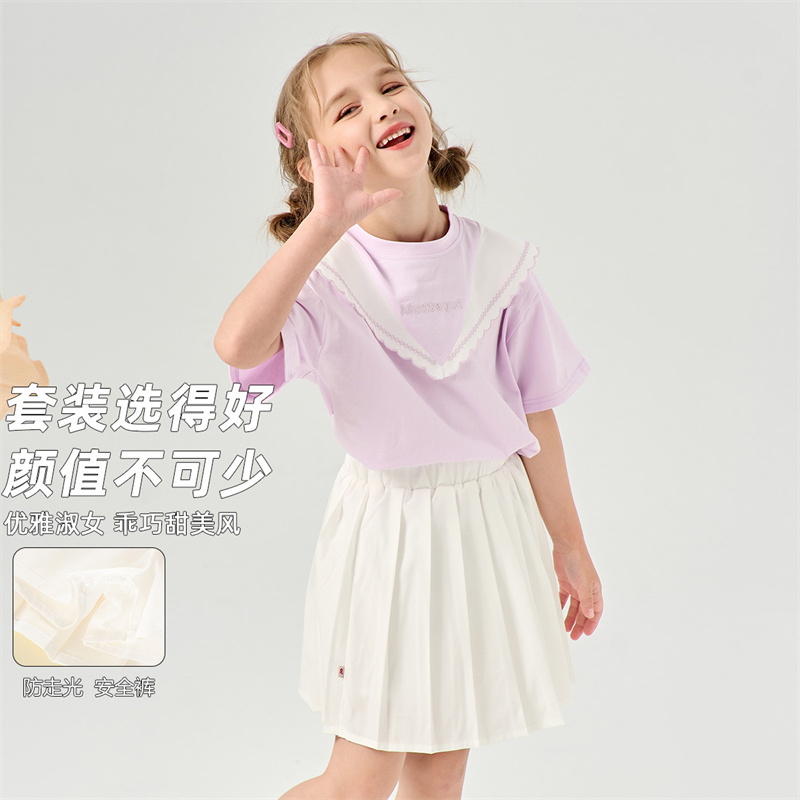 12198876.【学院风百褶裙两件套】女童2025夏季甜美风休闲套装潮