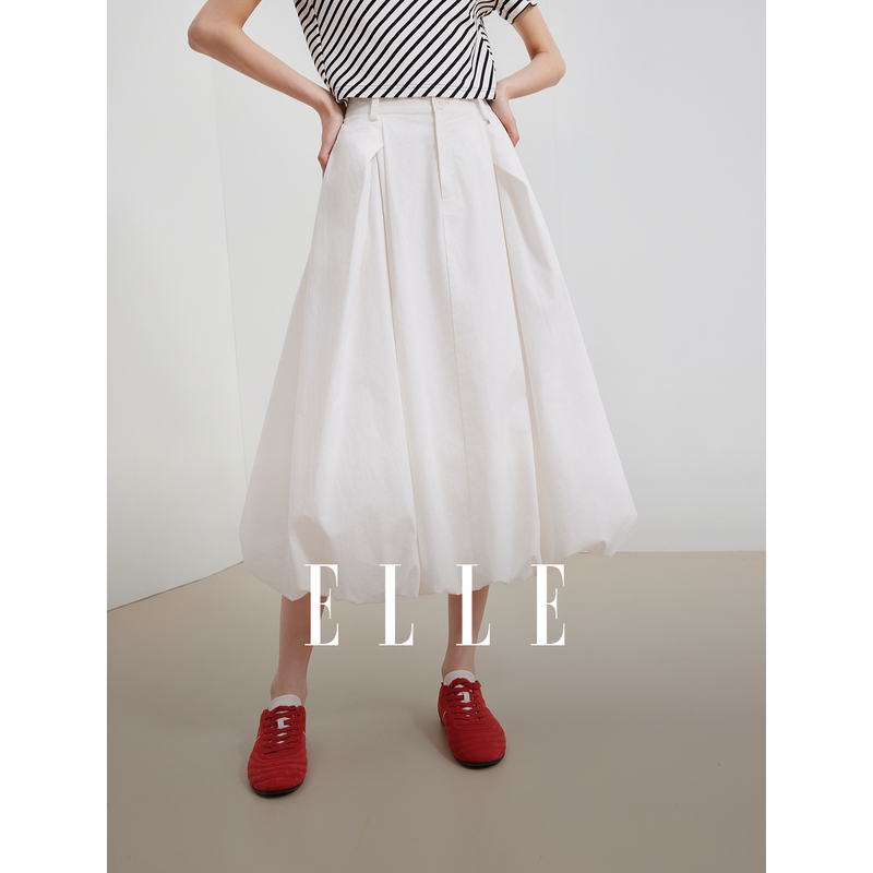 12197257.ELLE高腰纯棉鱼尾裙优雅气质飘逸轻薄花苞小白裙女
