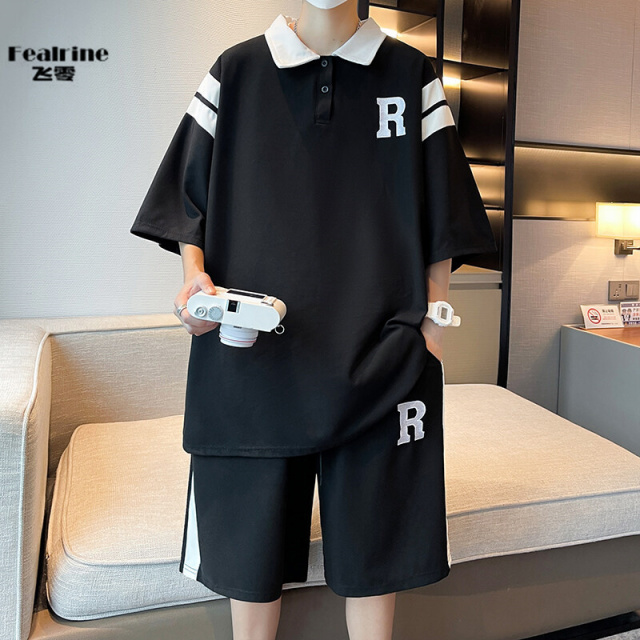 12199409.飞零新款POLO衫短袖T恤痞帅学院风两件套青少年翻领套装