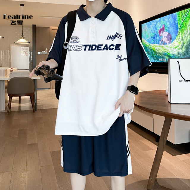 12199665.飞零2026运动套装男生夏季学院风短袖polo衫潮短裤宽休闲两件套