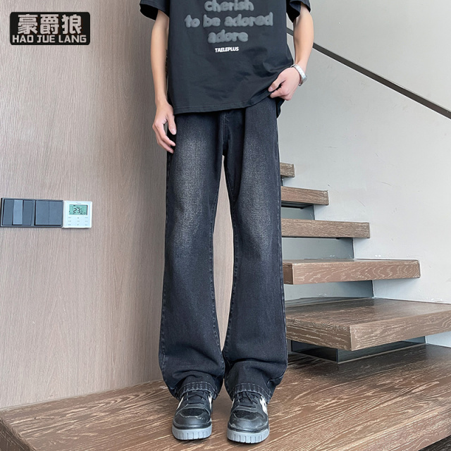 12211657.夏季青少年大童宽松牛仔裤男设计感显高显瘦直筒阔腿裤微喇裤子