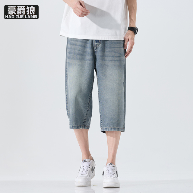 12211723.美式复古天丝七分牛仔短裤新款男士夏季薄款宽松冰丝凉感过膝马裤