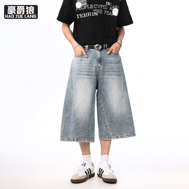 12211720.美式复古水洗牛仔短裤男潮牌夏季宽松显瘦阔腿直筒休闲百搭七分裤