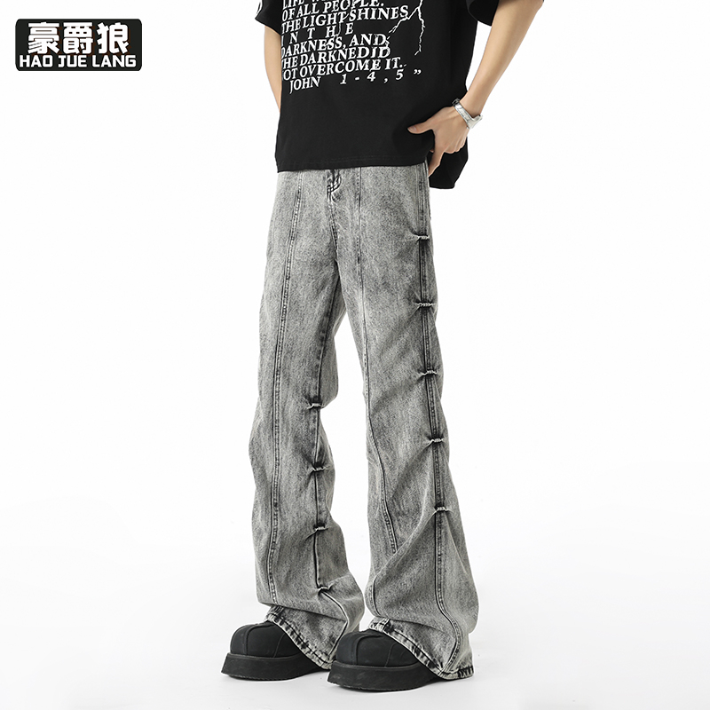12211680.美式褶皱微喇牛仔裤男夏季复古潮牌水洗高街休闲宽松直筒长裤