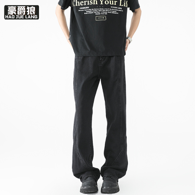 12211660.春夏青少年大童美式高街复古黑色牛仔裤男直筒休闲宽松微喇裤子