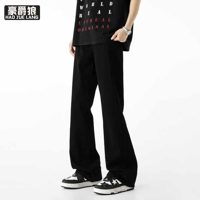 12211704.夏季青少年大童纯色牛仔裤男设计感显高显瘦直筒阔腿裤微喇裤子