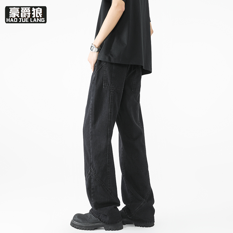 12211660.春夏青少年大童美式高街复古黑色牛仔裤男直筒休闲宽松微喇裤子