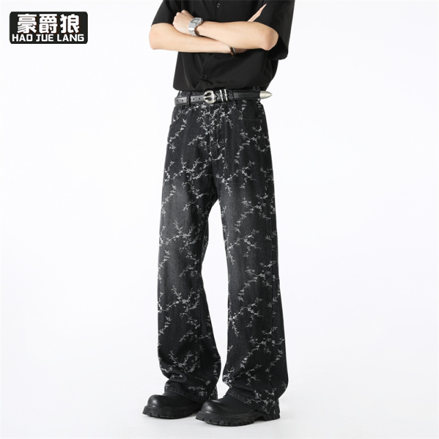 12211719.春夏青少年大童经典提花牛仔裤男美式高街裤子水洗直筒男士微喇裤