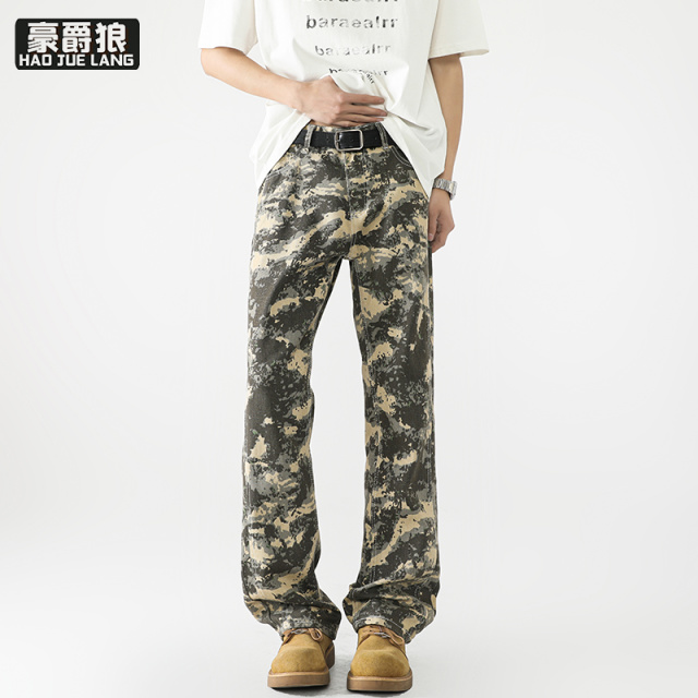 12211647.春夏青少年大童美式复古迷彩牛仔裤潮牌宽松休闲直筒男士阔腿裤
