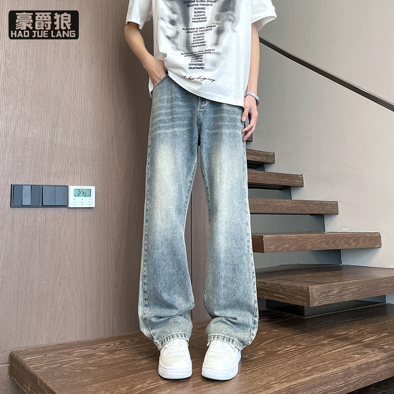 12211657.夏季青少年大童宽松牛仔裤男设计感显高显瘦直筒阔腿裤微喇裤子