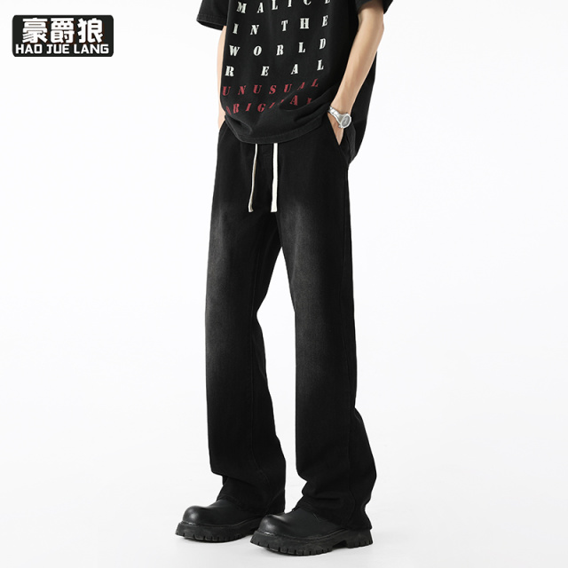 12211635.夏季新款男士美式高街牛仔裤宽松复古水洗百搭松紧腰休闲直筒长裤