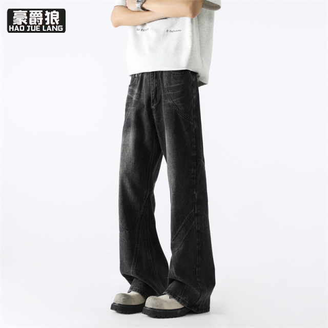 12211731.青少年直筒牛仔裤夏季新款薄款阔腿休闲宽松时尚美式复古水洗微喇裤