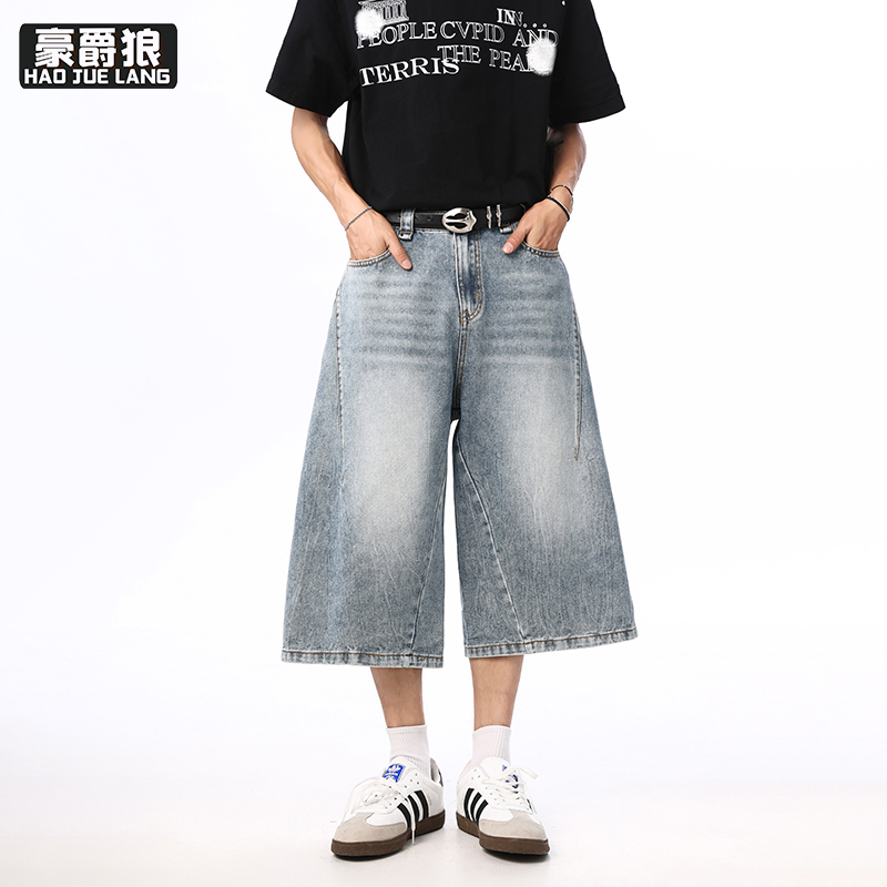 12211720.美式复古水洗牛仔短裤男潮牌夏季宽松显瘦阔腿直筒休闲百搭七分裤