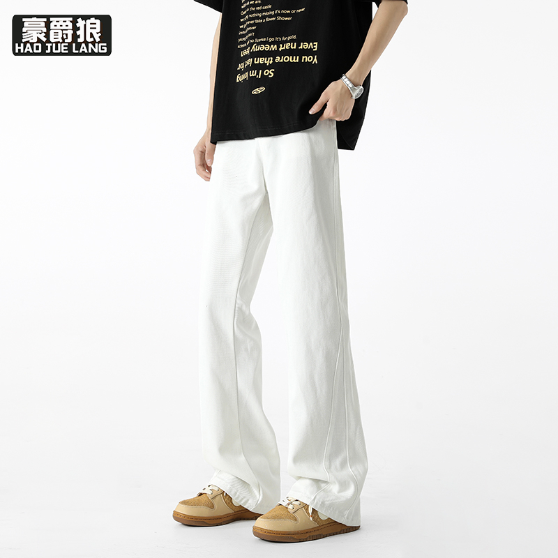 12211704.夏季青少年大童纯色牛仔裤男设计感显高显瘦直筒阔腿裤微喇裤子