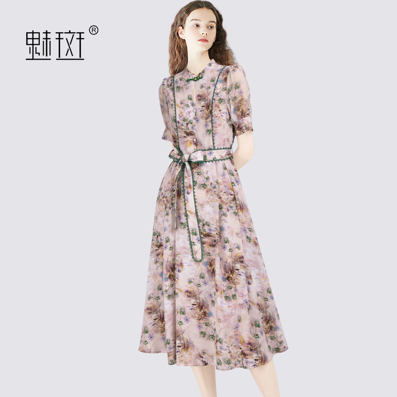 12211035.魅斑新中式蕾丝花边连衣裙印花短袖裙子