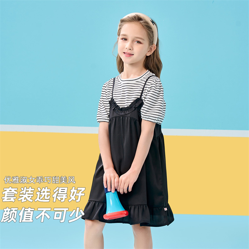 12219830.女童夏季条纹短袖T恤吊带连衣裙两件套儿童甜美淑女时尚洋气套装