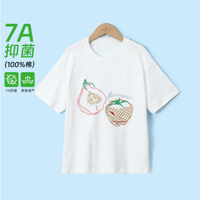 12219636.女童中大童夏季新款宽松休闲7A抗菌短袖T恤舒适百搭纯棉绣花T