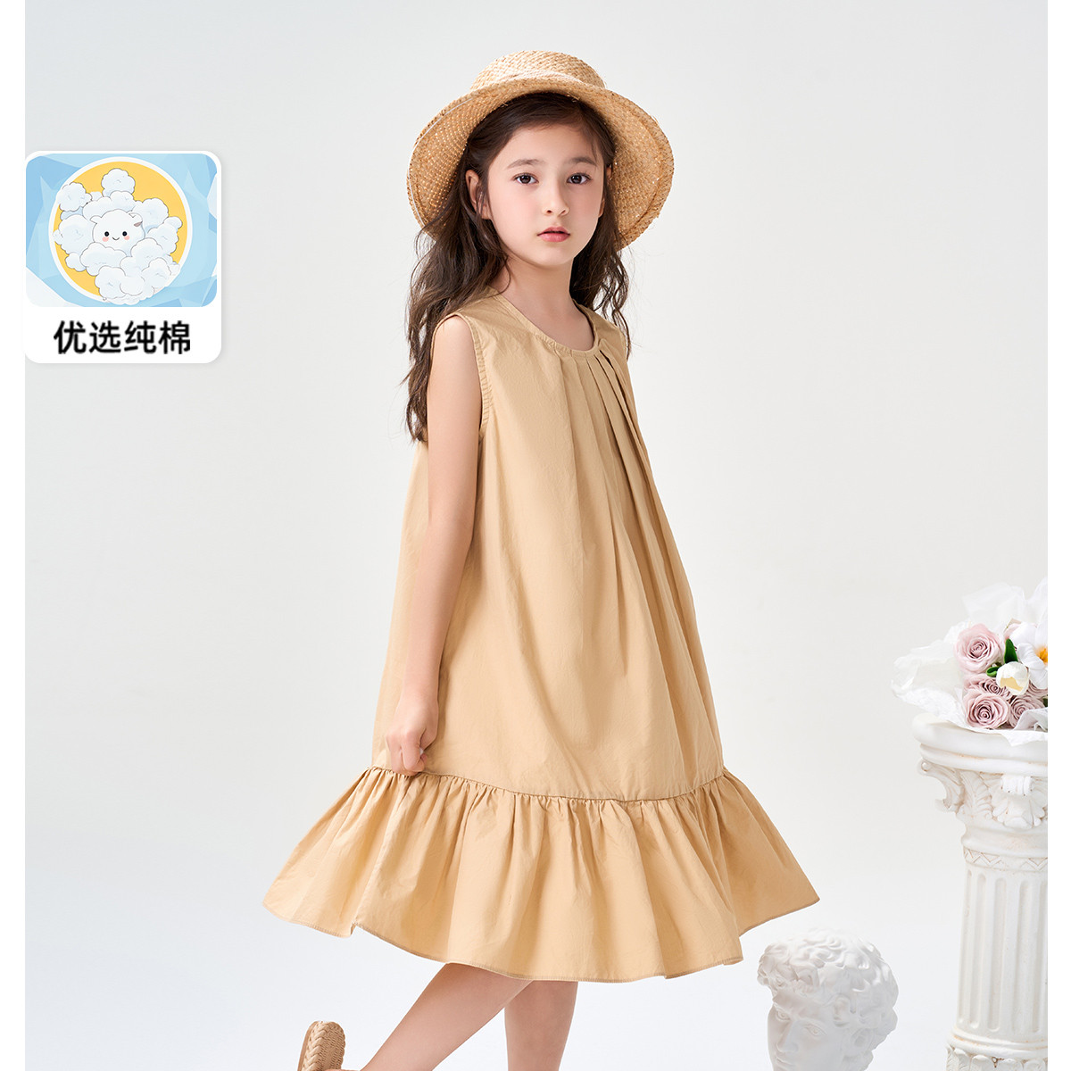 12219622.女童无袖背心连衣裙2025夏季薄款纯棉甜美中大童纯色荷叶裙薄