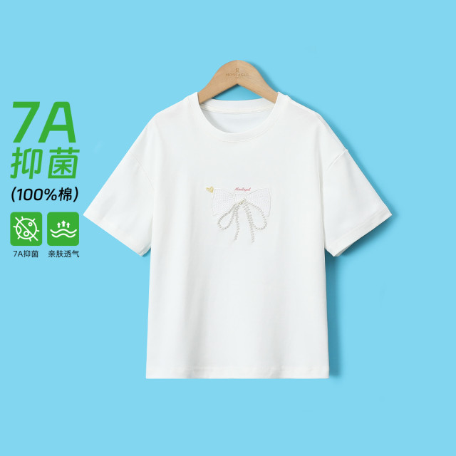 12220064.【7A抑菌】女童纯棉短袖T恤2025夏季新款重工钉珠甜美上衣