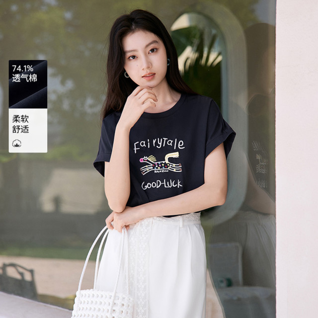 12227135.2025夏装字母t恤女短袖童趣卡通圆领休闲风宽松上衣