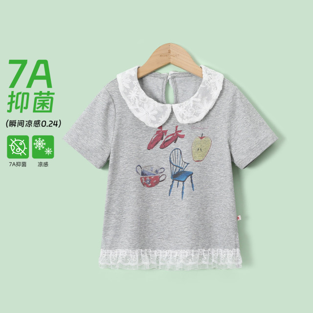 12219559.【凉感抑菌】女童娃娃领趣味卡通短袖T恤夏季薄款拼接花边上衣