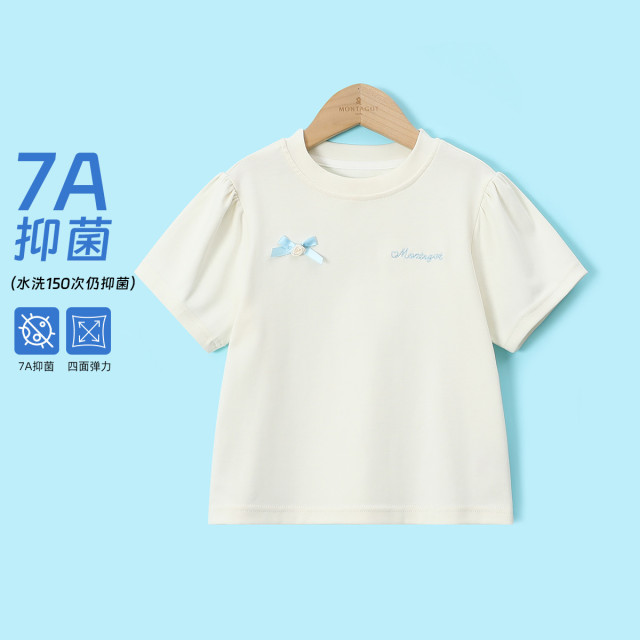 12219780.【7A抑菌】女童蝴蝶结短袖T恤2025夏季新款泡泡袖圆领上衣