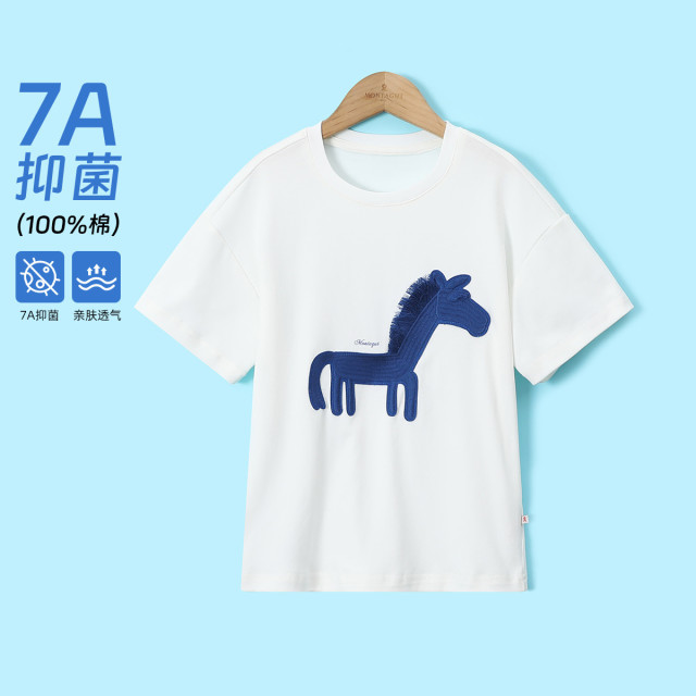 12220068.【7A抑菌】女大童纯棉短袖T恤夏季新款时尚蓝色小马印花体恤衫