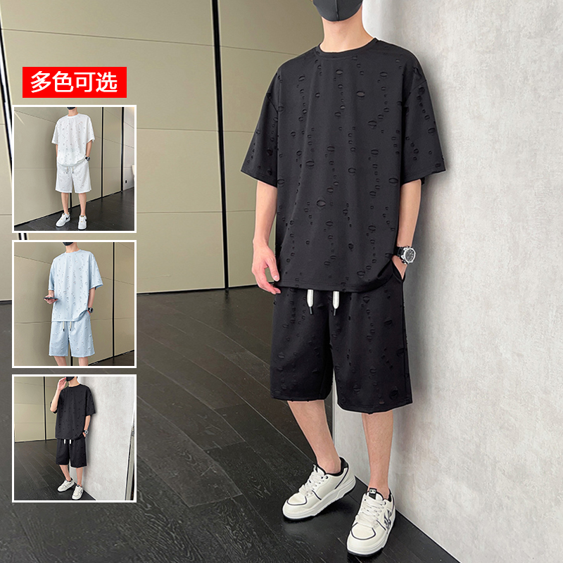 12224762.衣仕梵夏季新款男式潮牌破洞做旧五分裤套装【衣仕梵男装XJ】