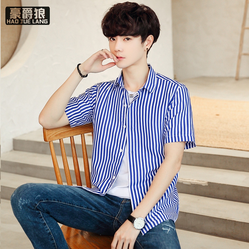 12233064.新款衬衫男韩版时尚潮流夏季短袖衬衫服薄款百搭条纹半袖寸衫外套