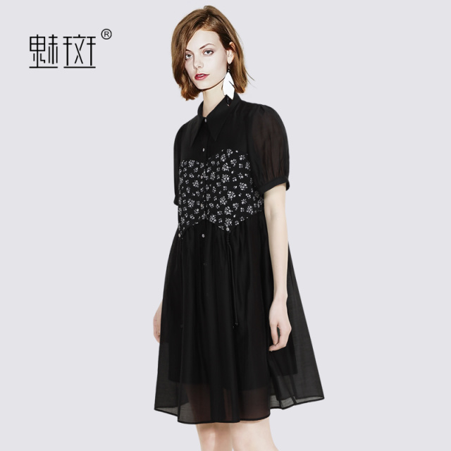 12225239.魅斑碎花拼接Polo领连衣裙裙子衬衫裙小黑裙