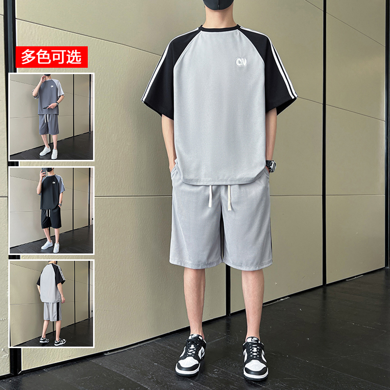 12224766.衣仕梵夏季新款男式潮牌拼接休闲五分裤套装【衣仕梵男装XJ】