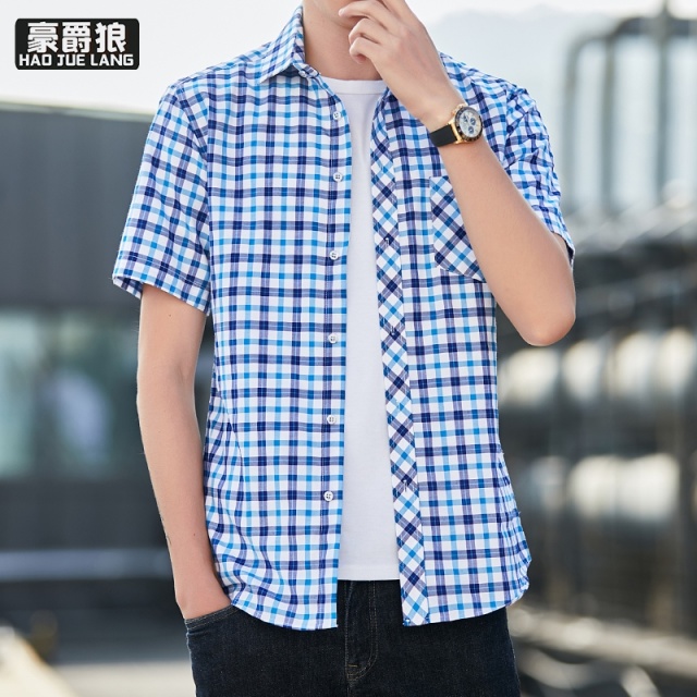 12233037.男士短袖衬衫夏季新薄款衬衣休闲格子寸衫百搭外套上衣服