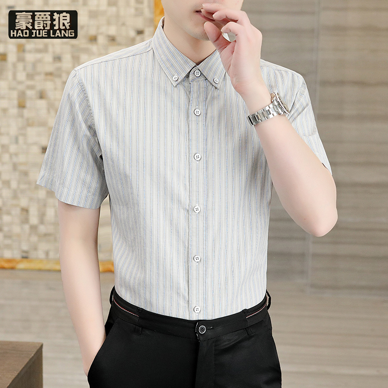 12233088.纯棉条纹短袖衬衫男春夏季薄款男士高级感商务休闲衬衣潮