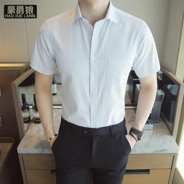 12233044.男士夏季修身商务条纹中袖衬衫韩版潮流英伦青年短袖衬衣薄款夏装