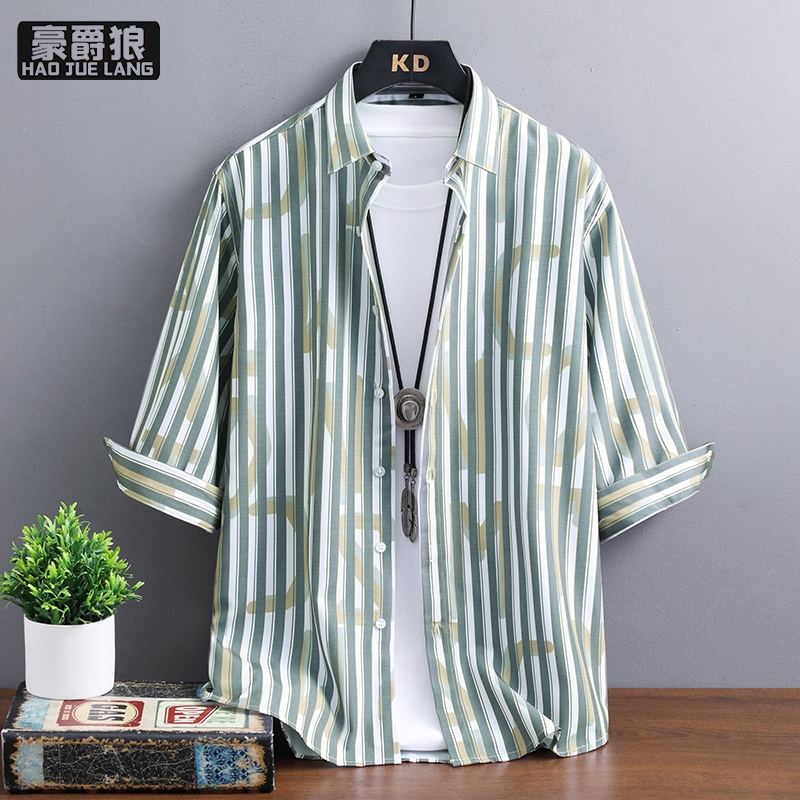 12233116.七分袖衬衫男夏季新款短袖衬衣服休闲薄款冰丝潮流外套