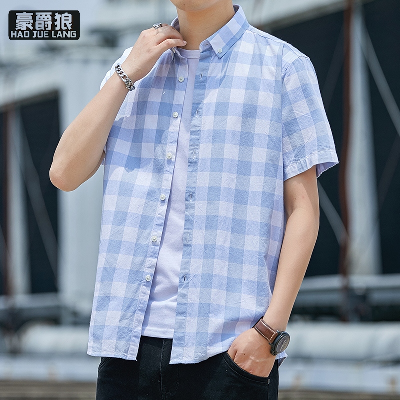 12233081.青少年男孩纯棉短袖衬衫2025夏季16岁初高中学生半袖格子衬衣