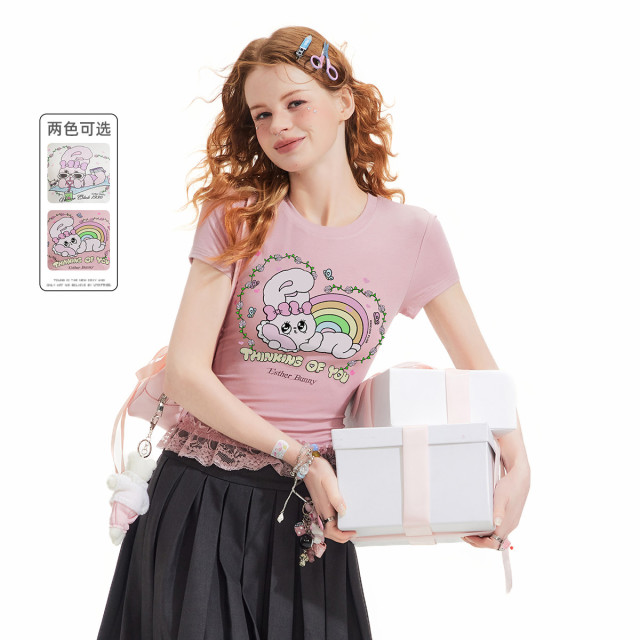 12236938.【UNIFREE X 艾丝乐小兔】25年夏款甜美少女感蕾丝花边圆领T恤U252G179V1W1