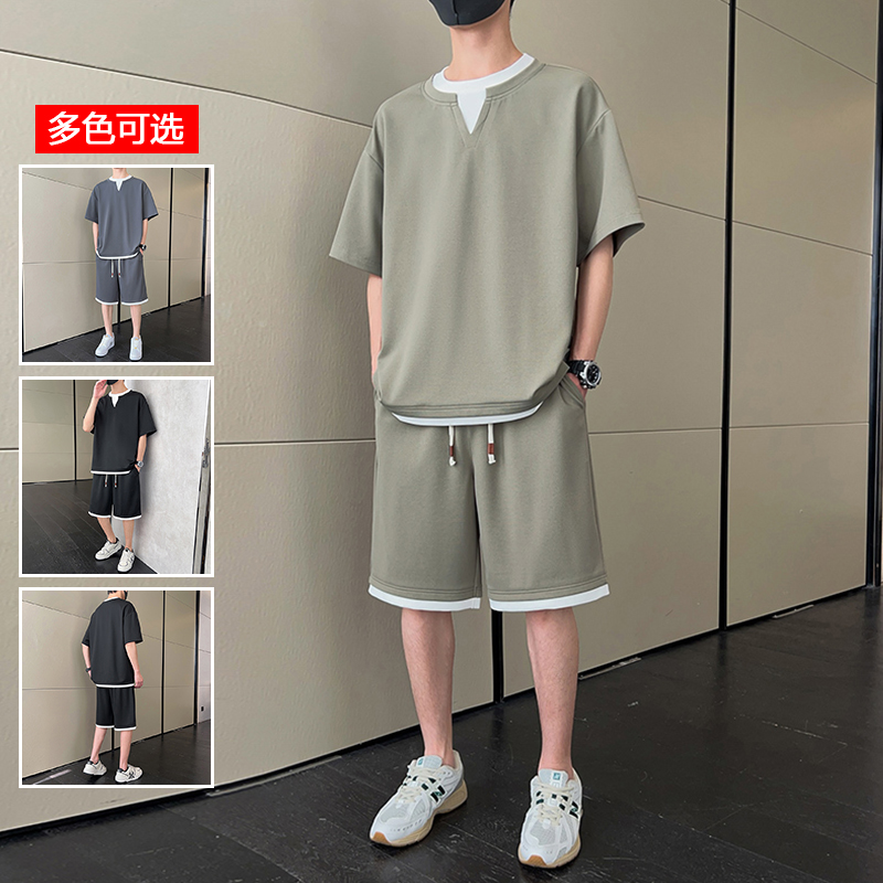 12224768.衣仕梵夏季新款男式潮牌假两件五分裤套装【衣仕梵男装XJ】