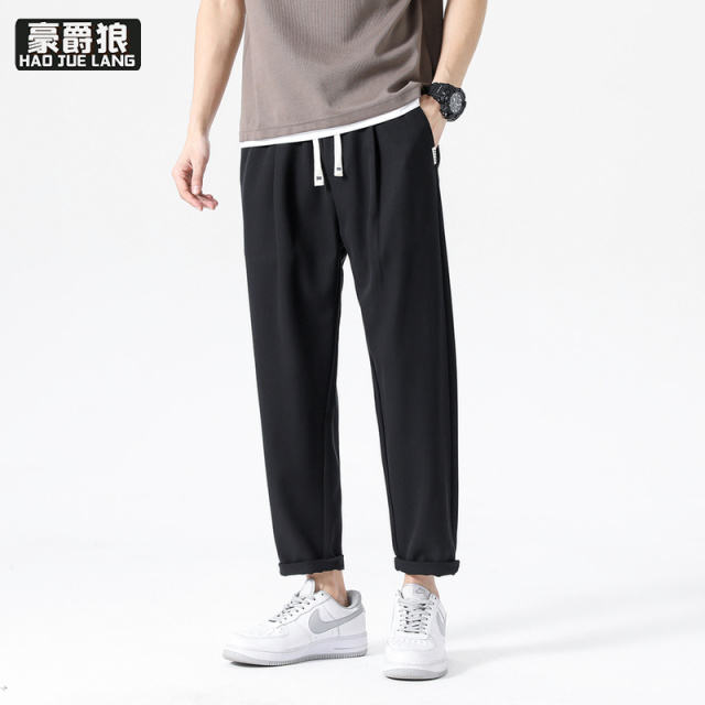 12233096.冰丝四面弹男士时尚休闲裤夏季薄款宽松抽绳锥形九分裤直筒男